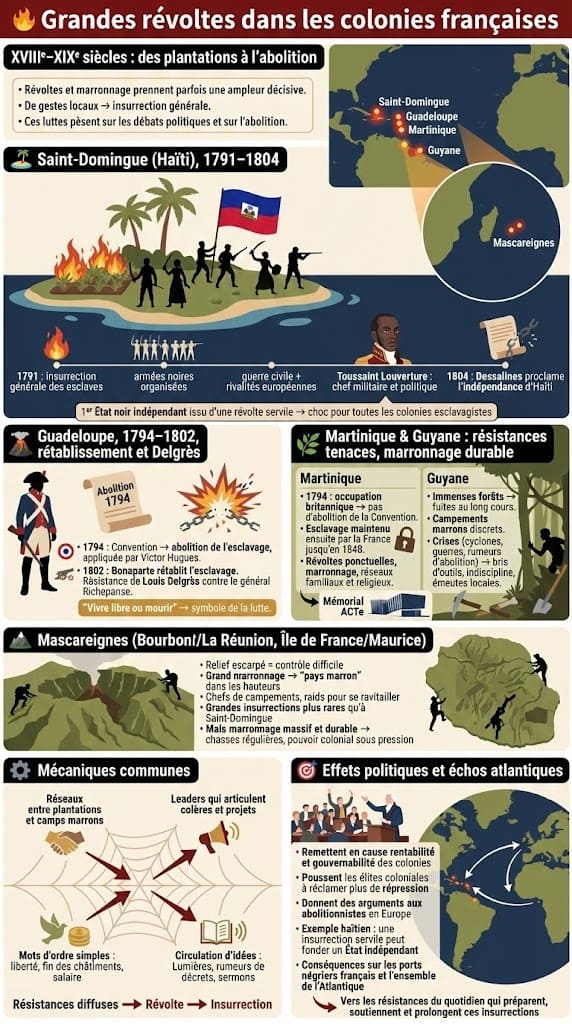 Infographie retraçant les principales révoltes d’esclaves dans les colonies françaises, de l’insurrection de Saint-Domingue et de l’indépendance d’Haïti aux combats en Guadeloupe, en Martinique, en Guyane et aux Mascareignes.