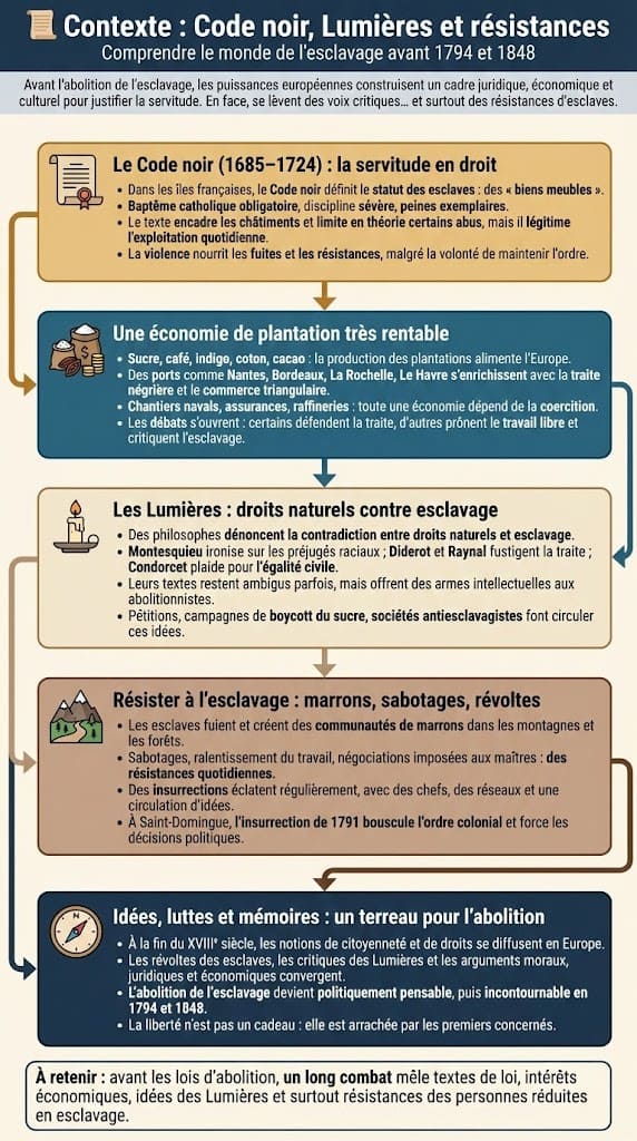 Infographie montrant les conséquences de l’abolition de l’esclavage : indemnités versées aux maîtres, travail engagé, limites de la citoyenneté, politiques mémorielles, rôle des musées et de l’école, et luttes contre les formes contemporaines de servitude.
