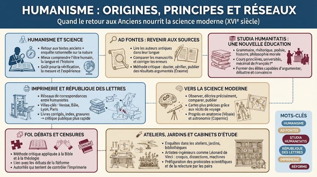 Infographie pédagogique expliquant l’humanisme à la Renaissance, ses origines, ses grands principes et les réseaux d’érudits qui lient humanisme et science en Europe.