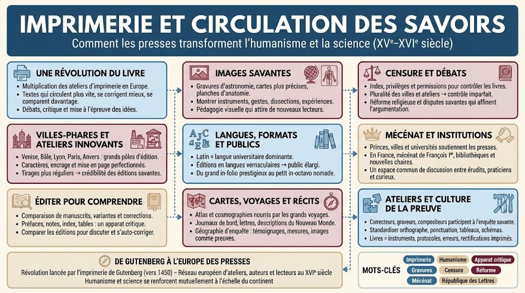 Infographie montrant le rôle des ateliers d’imprimerie, des villes-phares et de la République des Lettres dans la circulation des savoirs entre humanisme et science aux XVe–XVIe siècles.