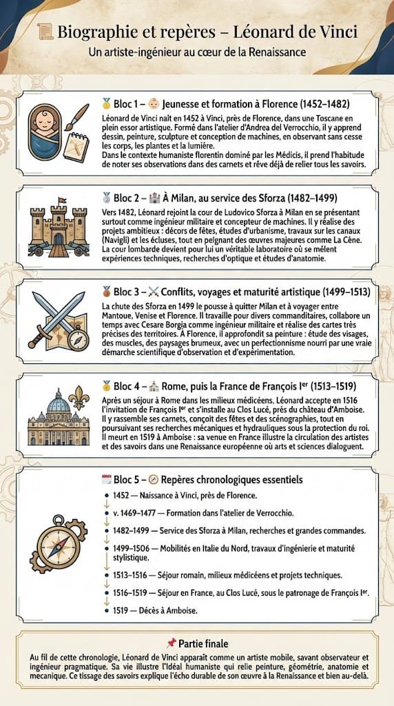 Infographie présentant la biographie de Léonard de Vinci, avec ses grandes étapes de vie, ses principaux lieux de travail et une frise de repères chronologiques de Vinci au Clos Lucé.