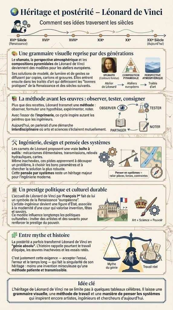 Infographie expliquant l’héritage de Léonard de Vinci dans la peinture, l’ingénierie et la pensée des systèmes, ainsi que la construction progressive de son image de « génie » à travers les siècles.