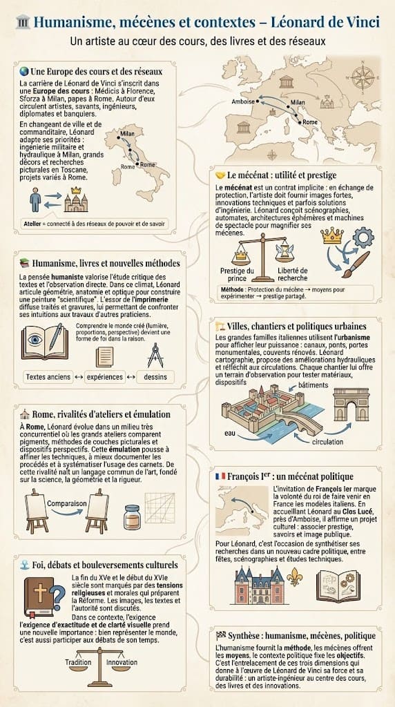 Infographie montrant l’inscription de Léonard de Vinci dans l’Europe des cours de la Renaissance, entre Médicis, Sforza, papes et François Ier, dans un contexte humaniste de circulation des idées.