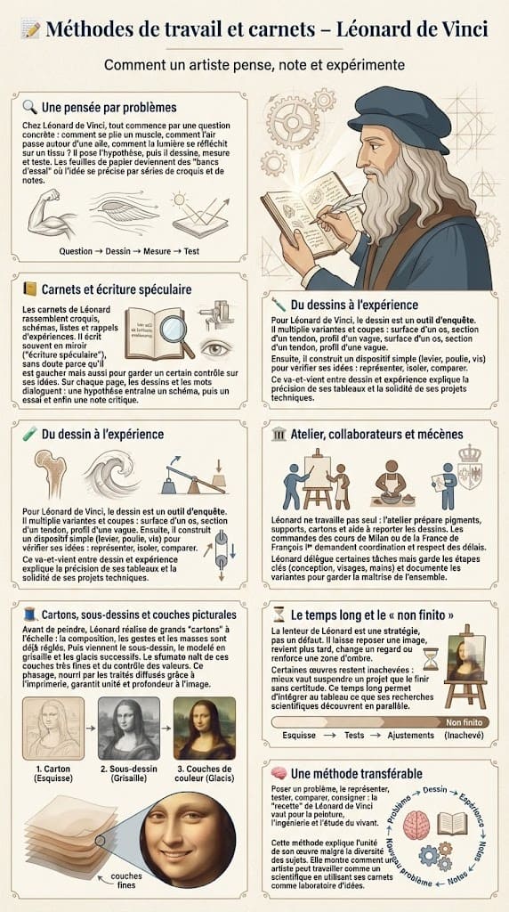 Infographie détaillant la méthode de travail de Léonard de Vinci, ses carnets, son écriture en miroir, ses dessins d’enquête et l’organisation de son atelier.