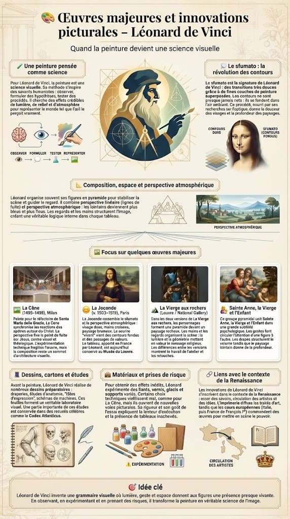 Infographie présentant les principales œuvres de Léonard de Vinci, comme La Cène et la Joconde, et ses innovations picturales majeures : sfumato, compositions pyramidales et perspective atmosphérique.