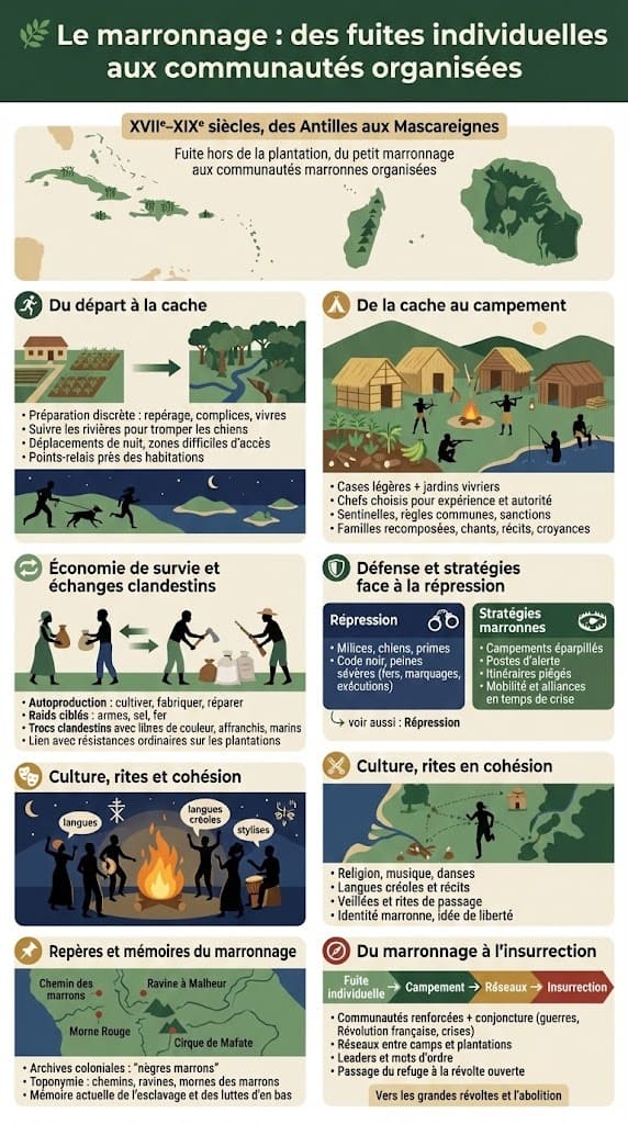 Infographie expliquant les différentes formes de marronnage, du petit marronnage aux grands campements marrons, avec schémas de fuites hors des plantations, caches en forêt et naissance de communautés organisées dans les hauteurs.