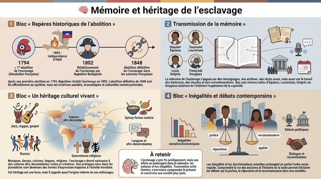 Infographie retraçant les repères de l’abolition de l’esclavage, le rôle des témoignages et des lieux de mémoire, ainsi que l’héritage culturel, social et politique de l’esclavage dans les cultures afro-descendantes et les débats actuels sur justice et reconnaissance.