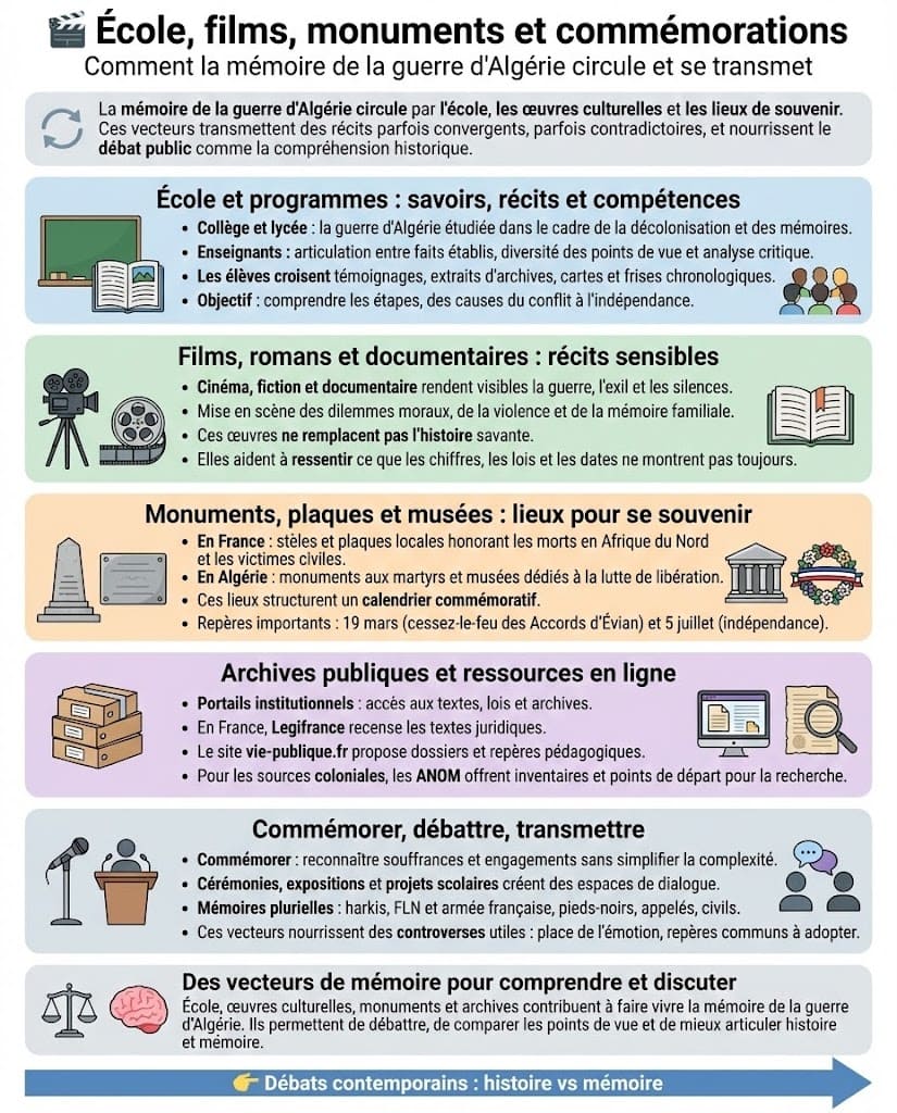 Infographie montrant comment la mémoire de la guerre d’Algérie circule par l’école, les films, les romans, les documentaires, les monuments et les cérémonies commémoratives en France et en Algérie.