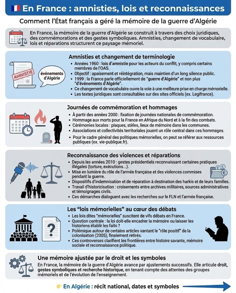 Infographie expliquant les politiques mémorielles françaises sur la guerre d’Algérie, des lois d’amnistie aux journées de commémoration et gestes de reconnaissance envers les victimes et les harkis.