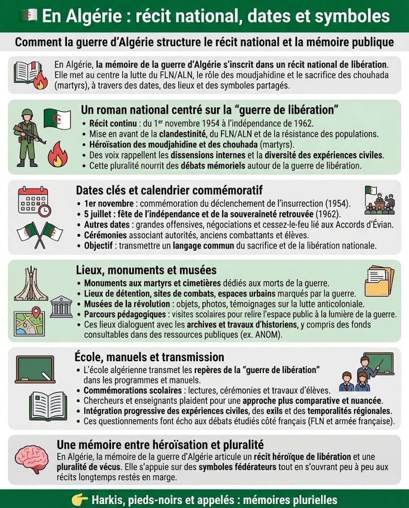 Infographie expliquant les débats actuels entre histoire savante et mémoires vécues de la guerre d’Algérie, autour des politiques mémorielles, de la justice, des archives et de l’enseignement.