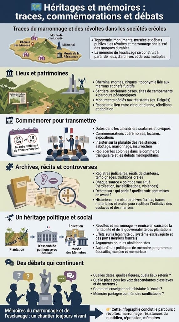 Infographie montrant les traces contemporaines du marronnage et des révoltes d’esclaves : toponymie, sites patrimoniaux, monuments, commémorations, archives et débats autour de la mémoire de l’esclavage.