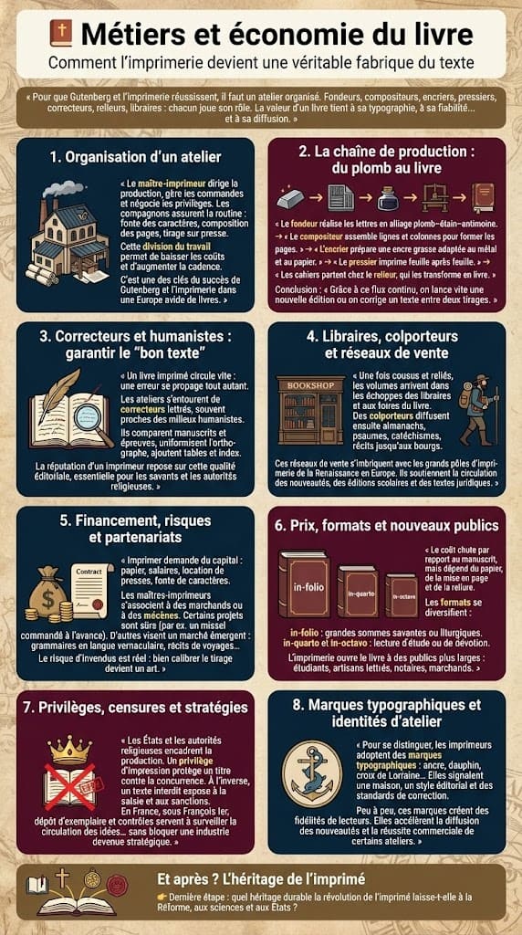 Infographie décrivant l’organisation d’un atelier d’imprimerie autour de Gutenberg, les métiers du livre (fondeur, compositeur, pressier, correcteur, relieur, libraire), les circuits de vente, les financements et les privilèges d’impression.