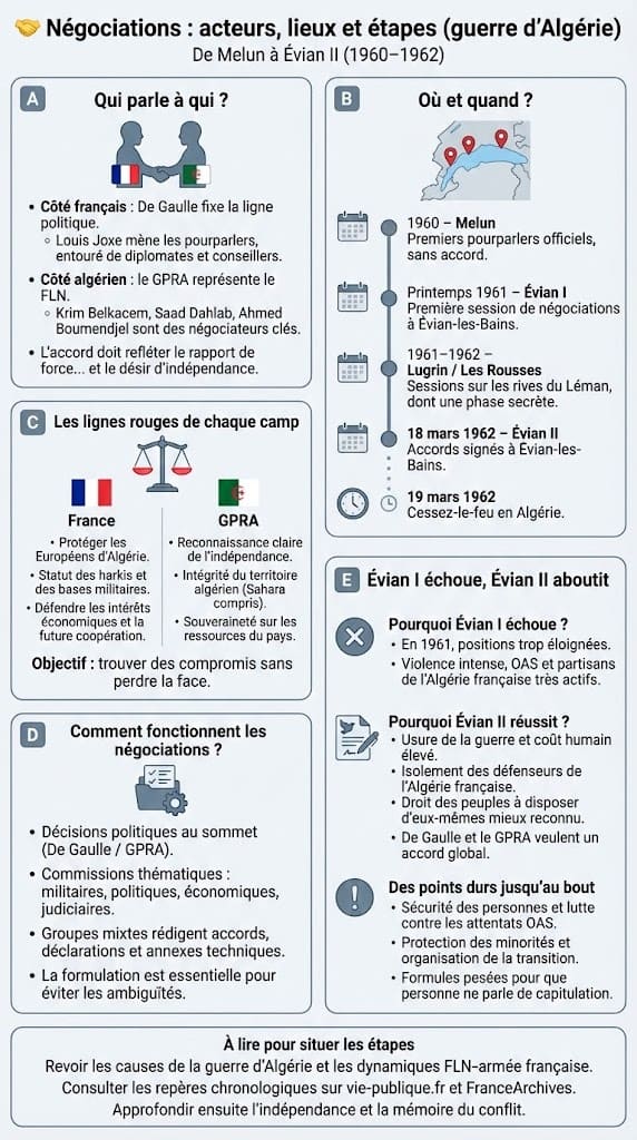 Infographie présentant les principaux acteurs français et algériens des négociations des Accords d’Évian ainsi que les lieux et grandes étapes, de Melun à Évian, Lugrin et Les Rousses entre 1960 et 1962.