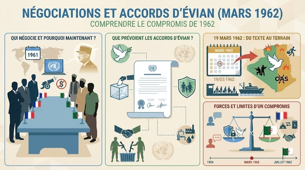 Infographie présentant les principales étapes des négociations entre la France et le GPRA et les dispositions des Accords d’Évian de mars 1962 (cessez-le-feu, garanties, coopérations) dans le cadre de la guerre d’Algérie.