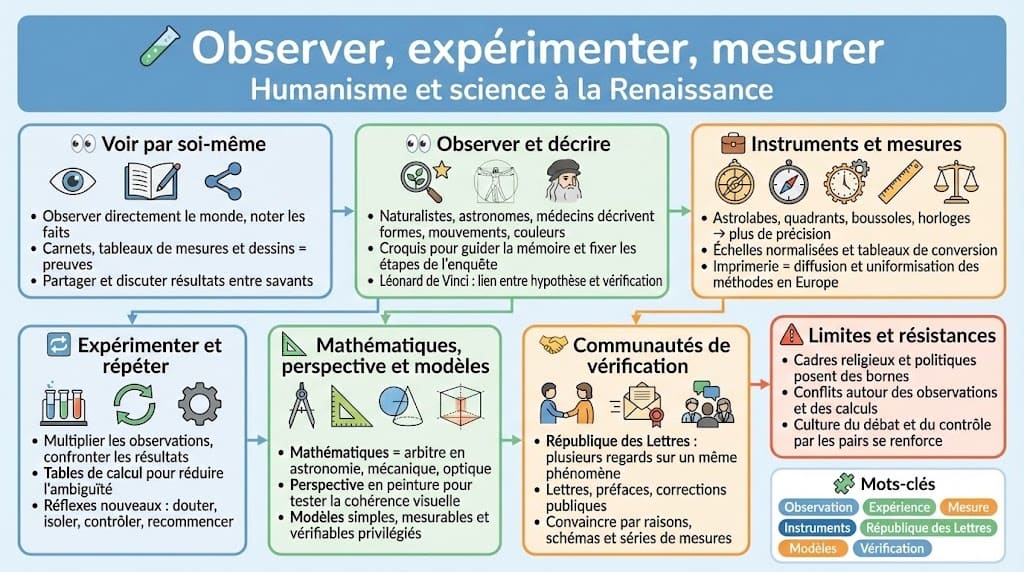 Infographie détaillant les nouvelles pratiques savantes de la Renaissance : observation directe, usage d’instruments de mesure, expériences répétées et partage de données entre humanistes et savants.