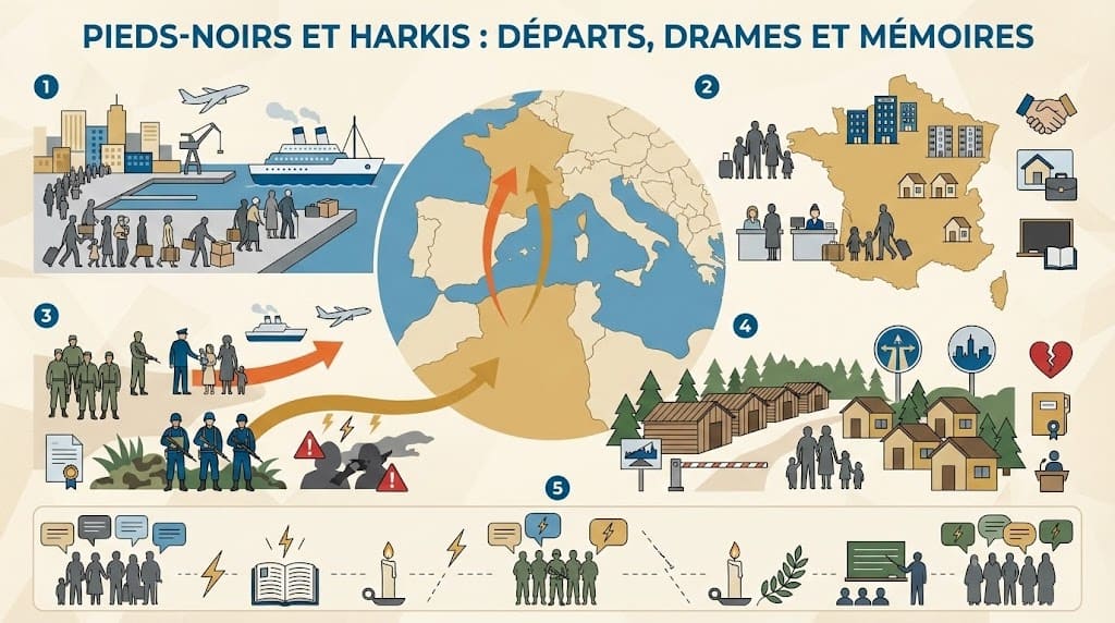 Infographie retraçant l’exode des pieds-noirs au printemps–été 1962, les trajectoires des harkis entre Algérie et France, les conditions d’accueil et la formation de mémoires blessées après la guerre d’Algérie.