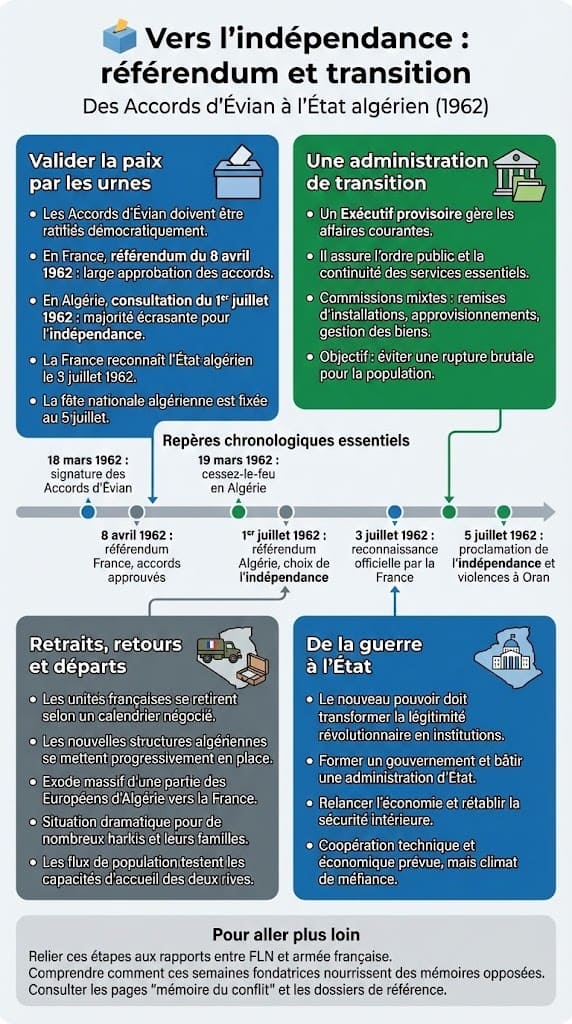 Infographie retraçant les référendums de 1962 en France et en Algérie, le calendrier de transition prévu par les Accords d’Évian et les grandes étapes de la naissance de l’État algérien.