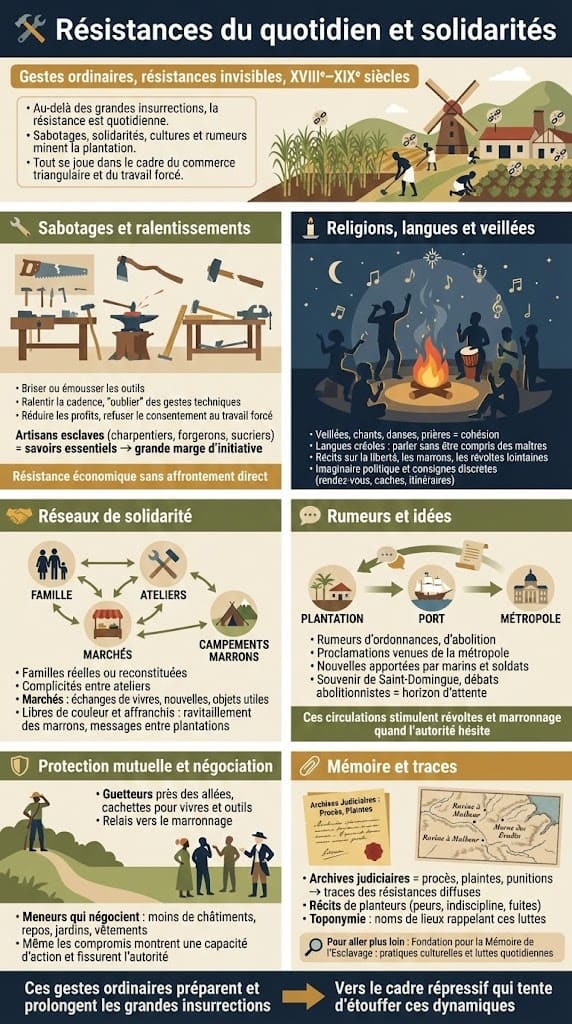 Infographie détaillant les formes de résistances quotidiennes des esclaves, des sabotages et ralentissements du travail aux réseaux de solidarité, veillées, langues créoles et échanges sur les marchés.