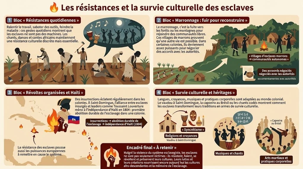 Infographie montrant les formes de résistance des esclaves : ralentissement du travail, marronnage, révoltes collectives comme à Saint-Domingue, et survie culturelle à travers musiques, religions, langues et pratiques comme le vaudou ou la capoeira.