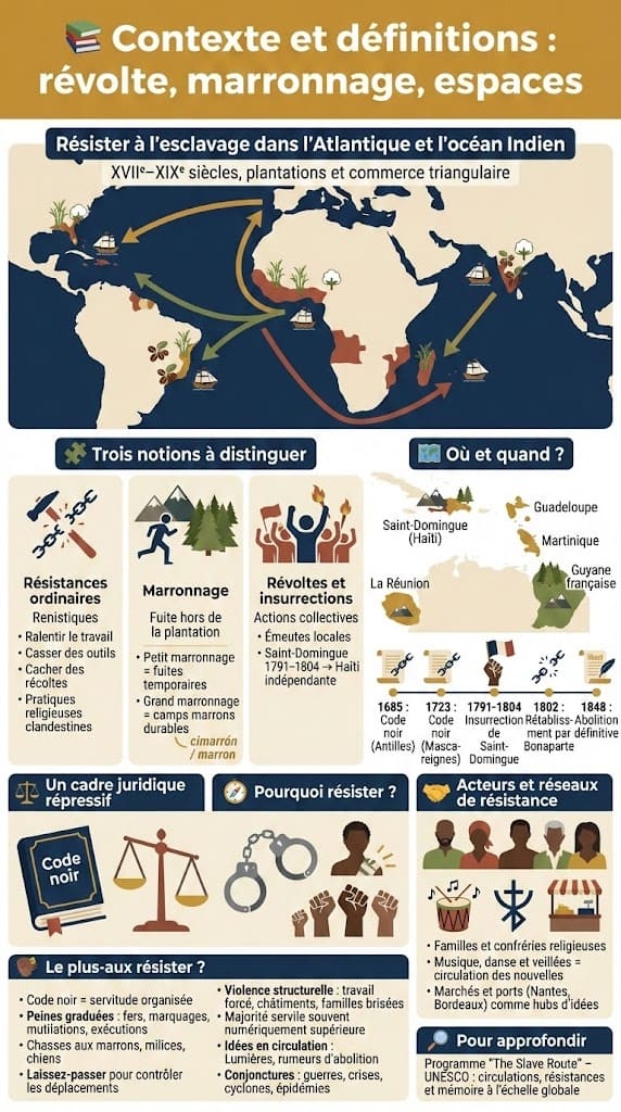 Infographie pédagogique présentant les définitions de la révolte, du marronnage et des résistances ordinaires dans les colonies françaises, avec cartes simplifiées de l’Atlantique et de l’océan Indien entre le XVIIe et le XIXe siècle.
