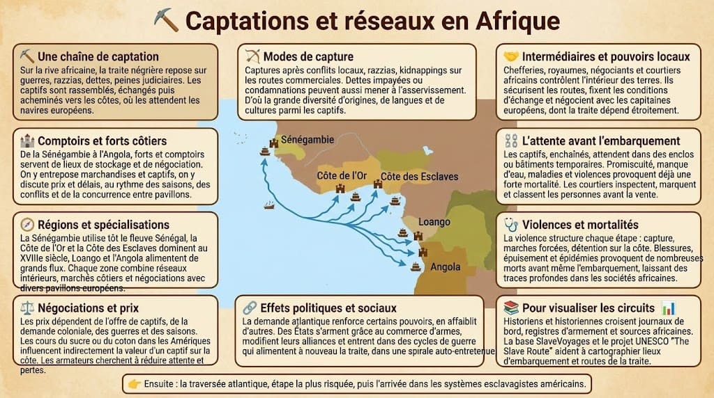 Infographie expliquant les modes de capture, les réseaux intérieurs et les comptoirs côtiers impliqués dans l’alimentation de la traite négrière en Afrique occidentale et centrale.