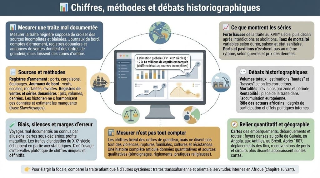 Infographie présentant les principales sources statistiques, les méthodes de reconstruction des flux de la traite négrière et les grands débats historiographiques sur volumes, mortalité et rentabilité.