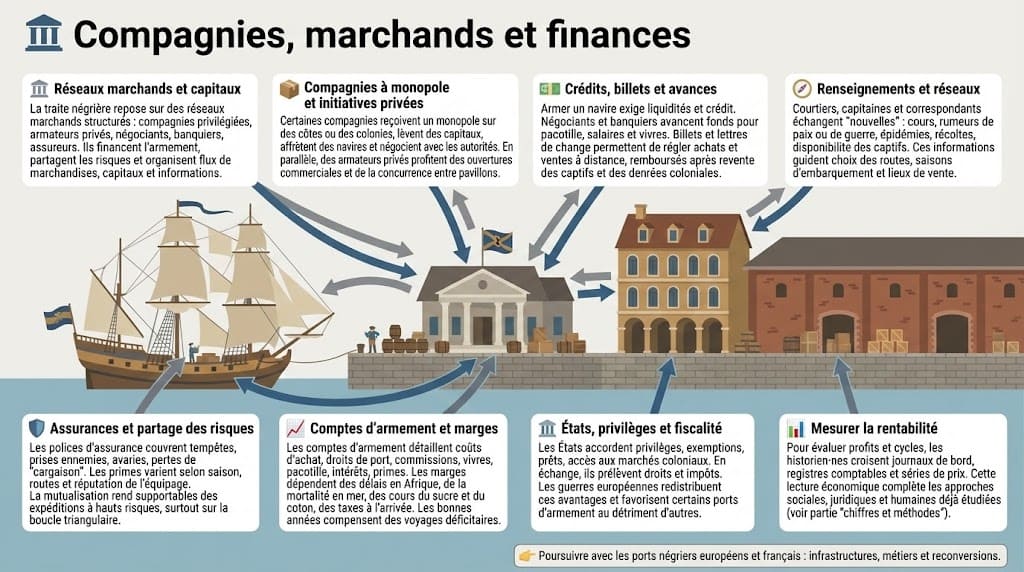 Infographie expliquant le rôle des compagnies à monopole, armateurs privés, négociants, banquiers et assureurs dans le financement et l’organisation de la traite négrière atlantique.