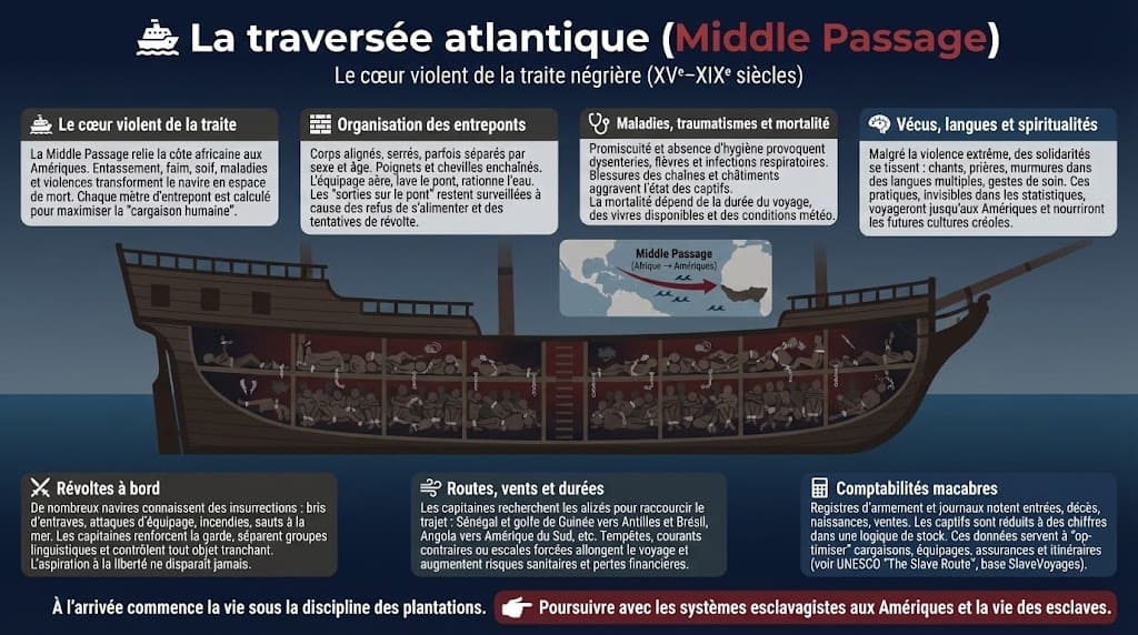 Infographie décrivant l’organisation des entreponts, les conditions de vie, la mortalité et les révoltes durant la Middle Passage entre l’Afrique et les Amériques.