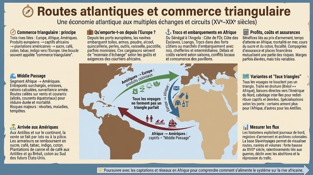 Infographie montrant les routes atlantiques de la traite négrière et le schéma du commerce triangulaire entre Europe, Afrique et Amériques, avec les principaux flux de marchandises et de captifs.