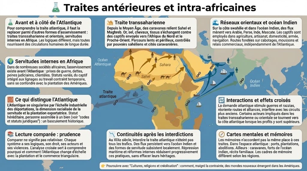 Infographie comparant les traites transsaharienne et orientale, les formes de servitude interne en Afrique et ce qui distingue la traite atlantique par son échelle et son caractère racialisé.
