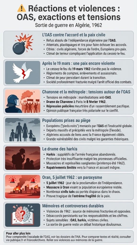 Infographie montrant les réactions violentes à la signature des Accords d’Évian en 1962, le rôle de l’OAS, les attentats, les exactions et les tensions en Algérie et en métropole au moment de la sortie de guerre.