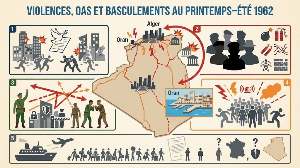 Infographie décrivant la poursuite des violences après le cessez-le-feu du 19 mars 1962, le rôle de l’OAS, la « guerre de fin de guerre » et les basculements du printemps–été 1962 à la fin de la guerre d’Algérie.