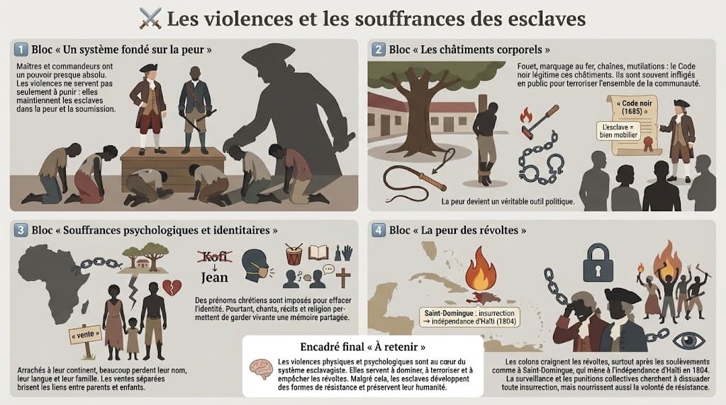 Infographie sur les violences subies par les esclaves : châtiments corporels liés au Code noir, terreur publique, souffrances psychologiques liées à la perte d’identité, à la séparation des familles et à la peur des révoltes.
