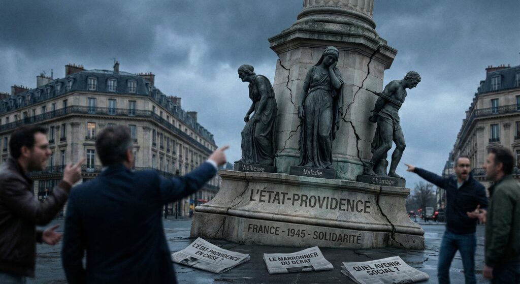 Photographie allégorique sombre montrant un monument de pierre fissuré dans une rue de Paris. Sur le socle est gravé 