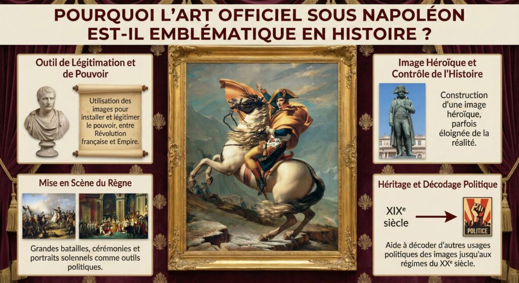 Infographie détaillée expliquant le rôle de l'art officiel sous Napoléon comme outil de propagande politique. Elle illustre comment l'art a servi à légitimer son pouvoir, mettre en scène son règne, construire une image héroïque et contrôler l'histoire, influençant ainsi les régimes du XXe siècle. Comprend des exemples visuels tels que le tableau de David, des bustes, des statues et des scènes de bataille. Créé pour reviserhistoire.fr.