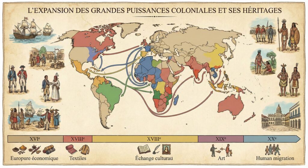 Infographie pédagogique illustrant l'expansion des grandes puissances coloniales sur une carte du monde, avec les flux commerciaux, une frise chronologique du XVIe au XXe siècle et des illustrations des interactions culturelles et économiques