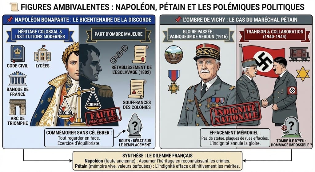 Comparaison visuelle du traitement mémoriel en France : Napoléon Bonaparte (dont on commémore les institutions tout en condamnant le rétablissement de l'esclavage) face au Maréchal Pétain (dont la gloire de 1916 est effacée par l'indignité nationale de la collaboration).