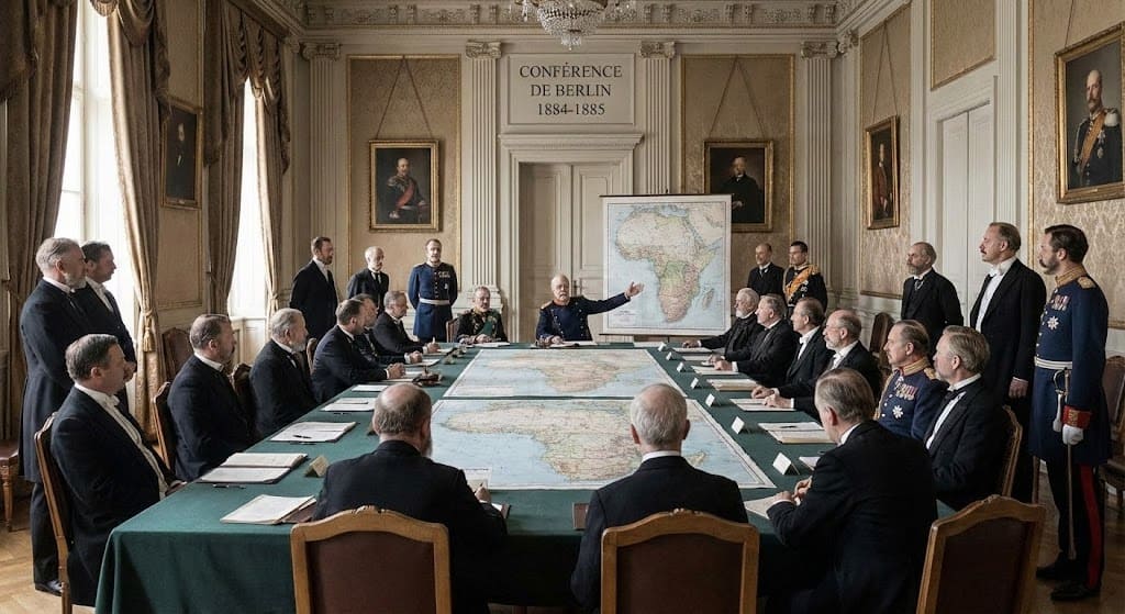 Illustration historique montrant le chancelier Otto von Bismarck et les diplomates des puissances européennes réunis autour d'une grande carte de l'Afrique pour fixer les règles de la colonisation à la fin du XIXe siècle