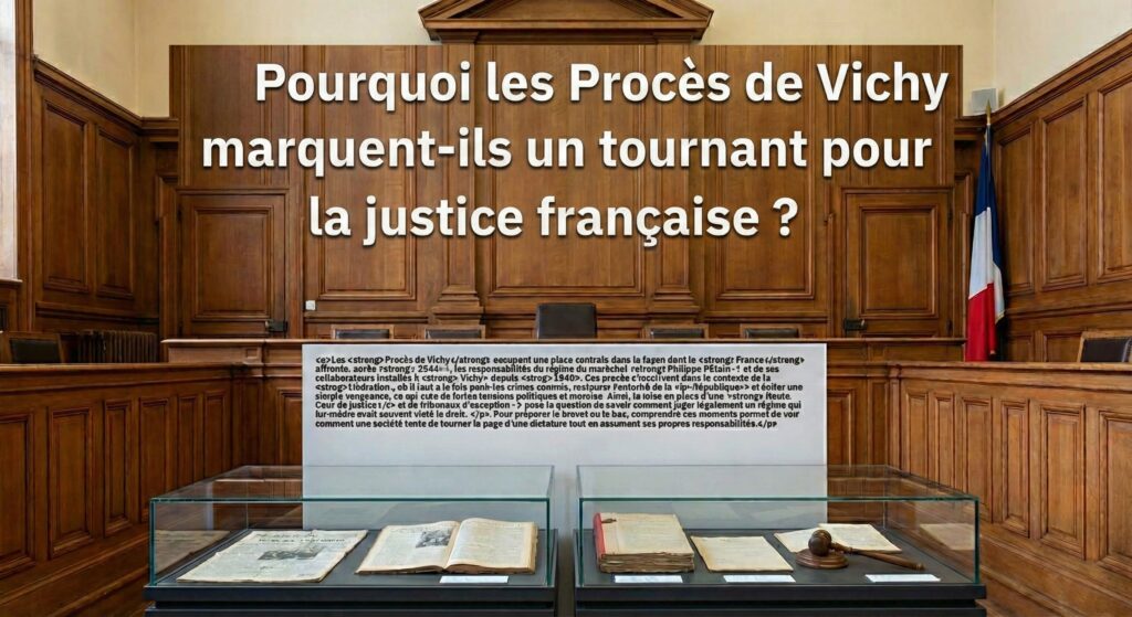 Infographie éducative sur fond de salle d'audience de tribunal, expliquant les enjeux historiques et juridiques des Procès de Vichy (Pétain, collaboration) à la Libération pour restaurer la République.