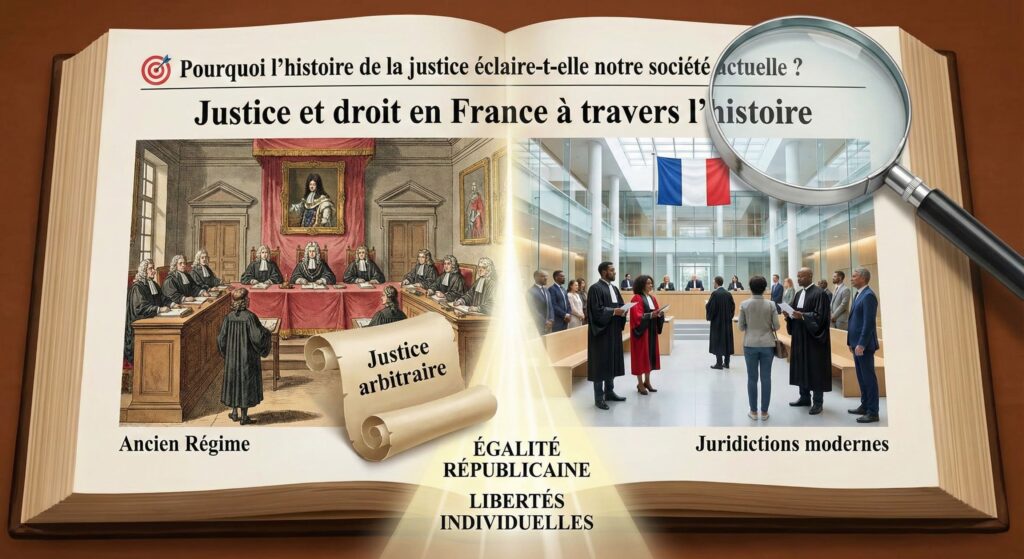 Illustration sous forme de livre ouvert comparant un tribunal d'Ancien Régime (marqué