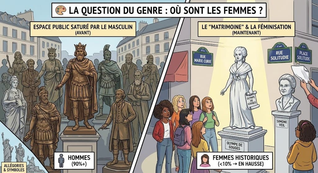 Dessin en deux parties montrant d'un côté un espace public saturé de statues masculines, et de l'autre l'émergence de statues de femmes historiques (Olympe de Gouges, Simone Veil) et de noms de rues féminisés pour une meilleure parité mémorielle.