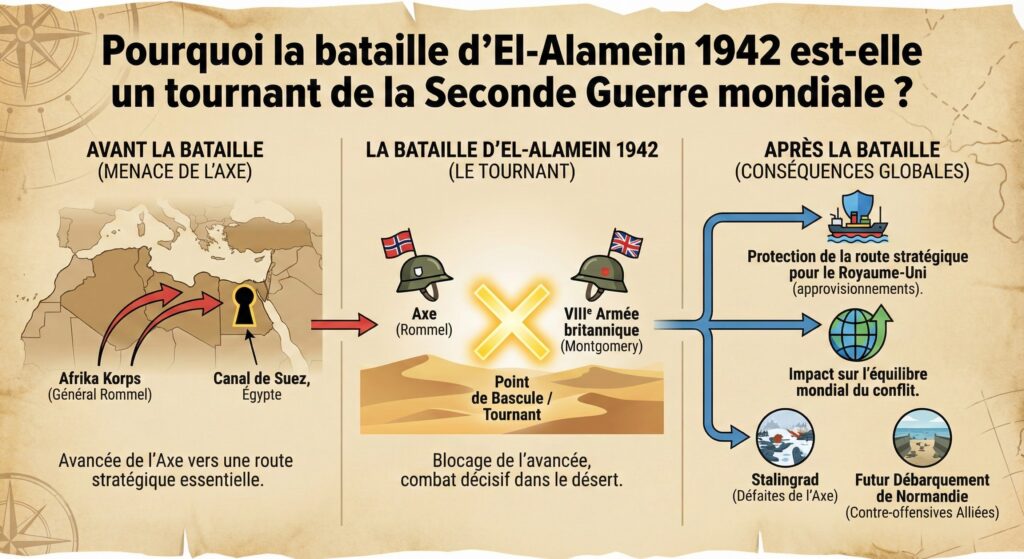Infographie historique en trois parties expliquant le rôle pivot de la bataille d'El-Alamein. À gauche, une carte montre l'Afrika Korps de Rommel menaçant le canal de Suez. Au centre, le combat décisif dans le désert entre l'Axe et la VIIIe Armée de Montgomery est marqué comme un point de bascule. À droite, les conséquences globales : protection des routes stratégiques britanniques, impact sur l'équilibre mondial, et liens vers les victoires futures à Stalingrad et en Normandie.