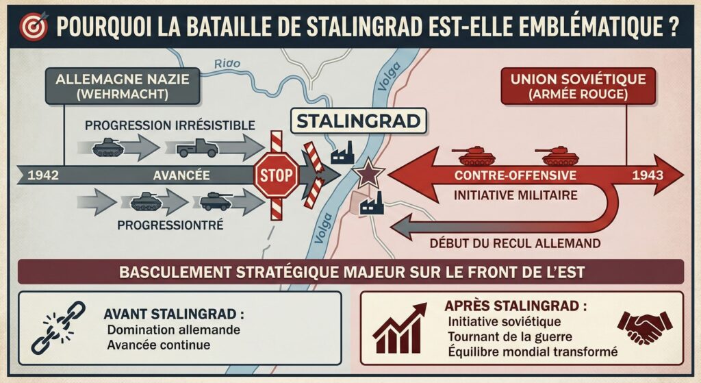 Infographie en français expliquant pourquoi la bataille de Stalingrad (1942-1943) est un tournant stratégique majeur de la Seconde Guerre mondiale, illustrant l'arrêt de la progression allemande et le début de la contre-offensive soviétique sur la Volga.