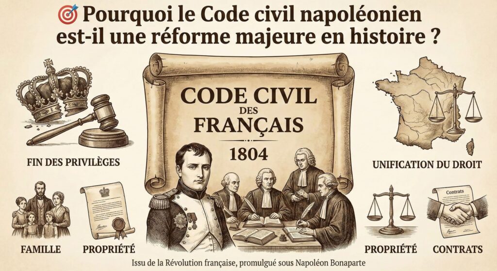 Infographie historique illustrant le Code civil des Français de 1804. Napoléon Bonaparte est représenté au centre entouré de juristes rédigeant le texte. Des vignettes latérales montrent les changements apportés : une couronne brisée pour la