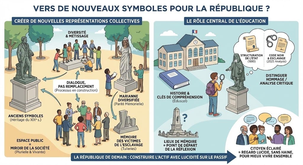 Infographie prospective montrant deux piliers pour l'avenir : la création de nouveaux monuments reflétant la diversité (dialoguant avec les anciens) et le rôle central de l'éducation scolaire pour former des citoyens à l'esprit critique.