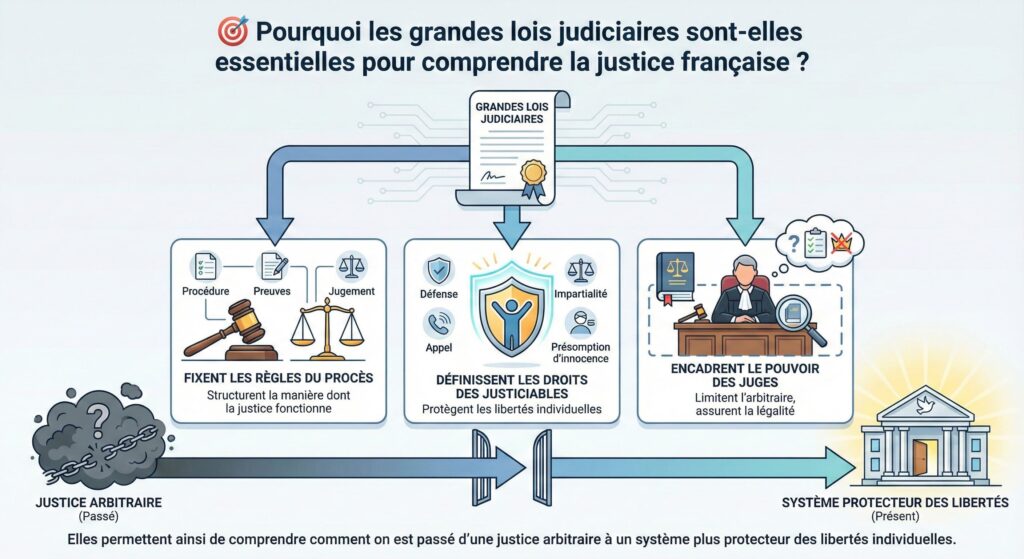 Infographie expliquant le rôle des grandes lois judiciaires en France. Le titre est 'Pourquoi les grandes lois judiciaires sont-elles essentielles pour comprendre la justice française ?'. Un document central 'Grandes lois judiciaires' alimente trois piliers : 'Fixent les règles du procès' (icônes procédure, preuves, jugement), 'Définissent les droits des justiciables' (défense, appel, impartialité, présomption d'innocence), et 'Encadrent le pouvoir des juges' (limitation de l'arbitraire). Une flèche montre la transition d'une 'Justice arbitraire (Passé)' avec un nuage sombre et des chaînes brisées, vers un 'Système protecteur des libertés (Présent)' représenté par un palais de justice lumineux. Le texte final résume cette évolution.
