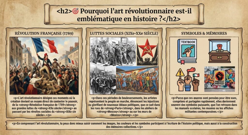 Infographie éducative sur fond de parchemin divisée en trois panneaux. À gauche, la Révolution française avec une illustration style Delacroix. Au centre, les luttes sociales du XIXe-XXe siècle avec art soviétique, gravures d'ouvriers et muralisme mexicain. À droite, des icônes (manuel, musée, poing levé) montrant comment ces œuvres deviennent des symboles et des mémoires collectives. Le texte explique le rôle de l'art dans la contestation et l'écriture de l'histoire.