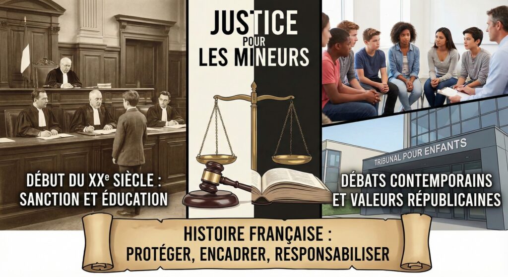 Infographie sous forme de collage illustrant l'histoire de la justice des mineurs en France. À gauche, une photo sépia d'un tribunal début XXe siècle avec le texte 