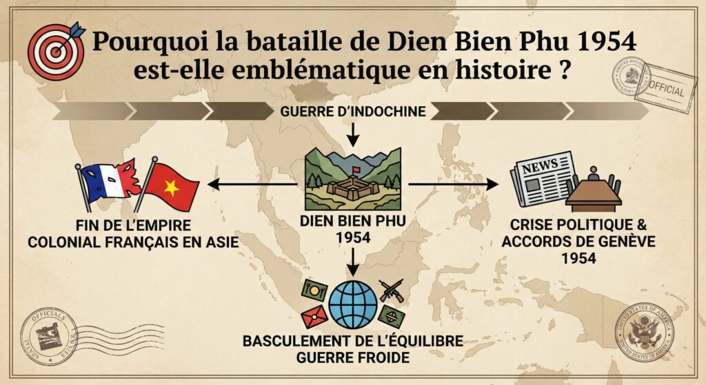 Infographie style carte ancienne expliquant les conséquences majeures de la bataille de Dien Bien Phu en 1954 : la fin de l'empire colonial français en Asie, la crise politique menant aux accords de Genève, et le basculement de l'équilibre de la Guerre froide.