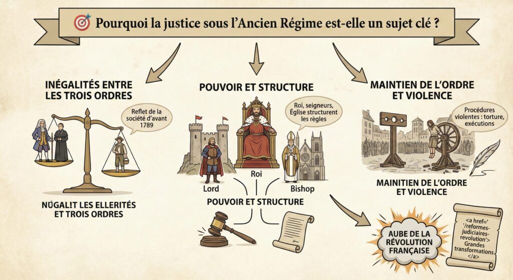 Infographie illustrée expliquant le rôle clé de la justice sous l'Ancien Régime en France avant 1789. Elle détaille les inégalités entre les trois ordres via une balance, la structure du pouvoir (roi, seigneurs, Église), et le maintien de l'ordre par des procédures violentes comme la torture et les exécutions publiques, menant à la Révolution française.
